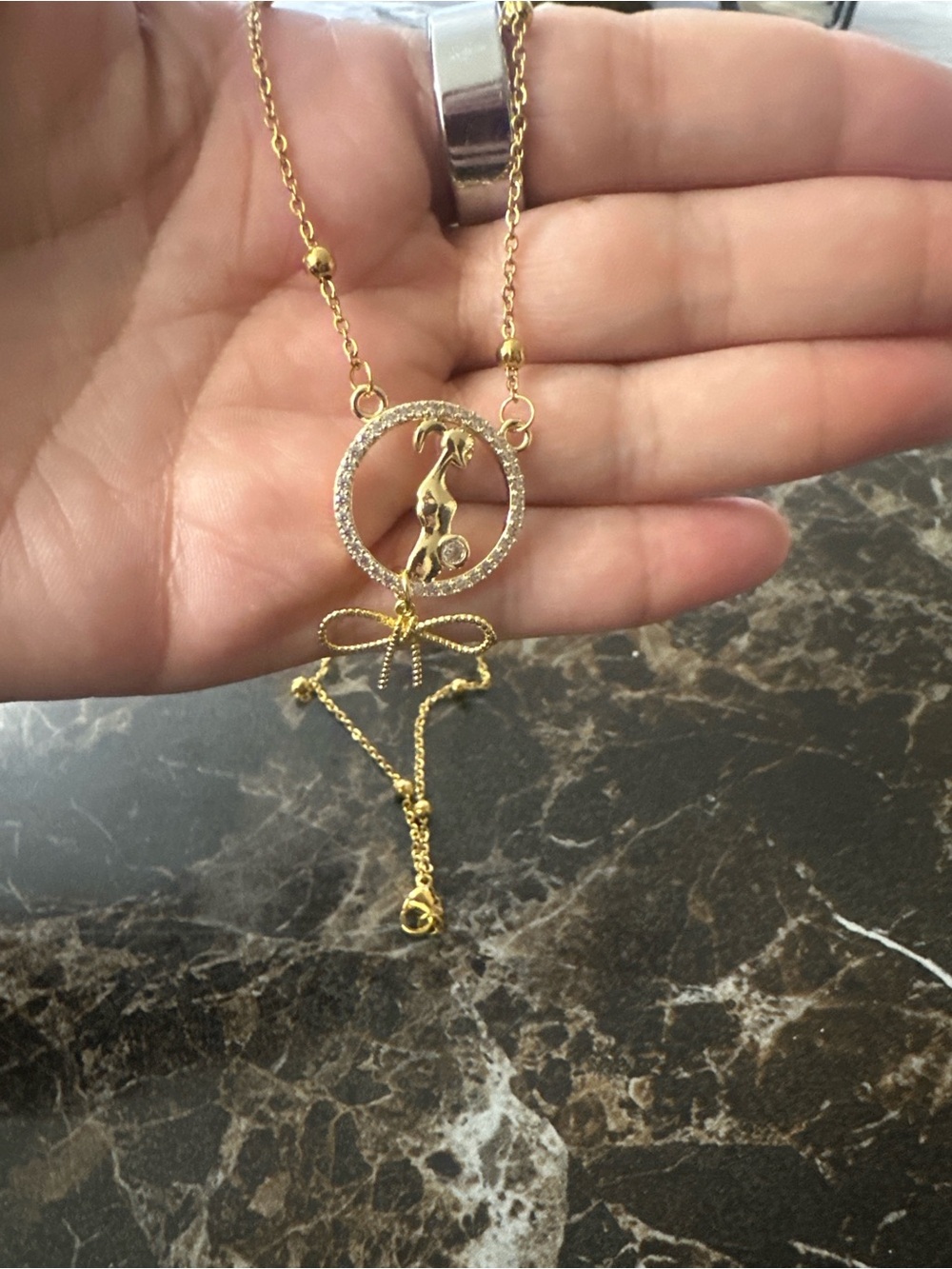 Gold Bow & Deer Circle Pendant Necklace - Gold Color